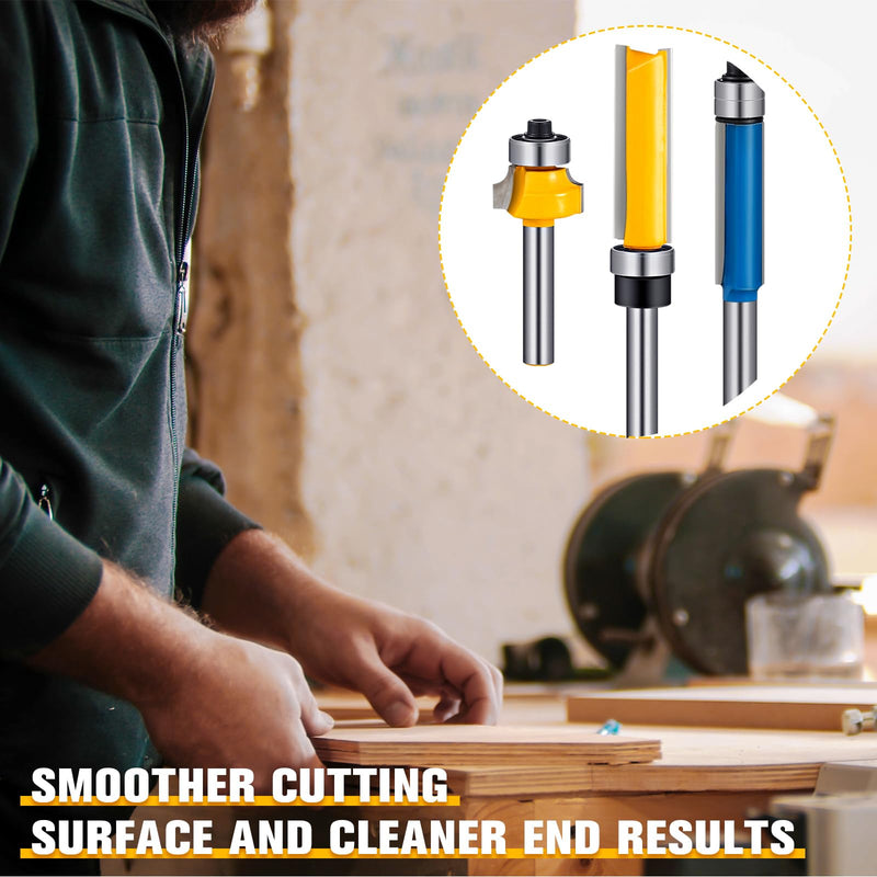 12 Pcs Router Bits Including 4 Flush 4 Roundover 4 Pattern Flush Trim Router Bits, All 1/4 Shanks, Ideal for Cutting on Wooden Materials, 4 Sizes, 3styles