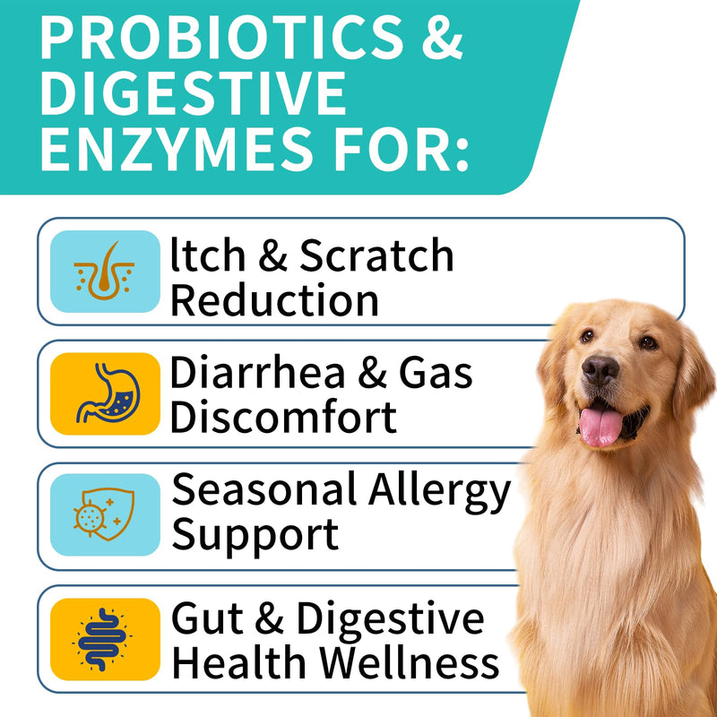 Probiotics for Dogs, Improve Itchy Skin Itchy Ears, Gut Health, Yeast Balance, Allergies, Immunity, Dog Probiotics and Digestive Enzymes with Prebiotics, Reduce Diarrhea (180 Chews, Steak) 180 Chews