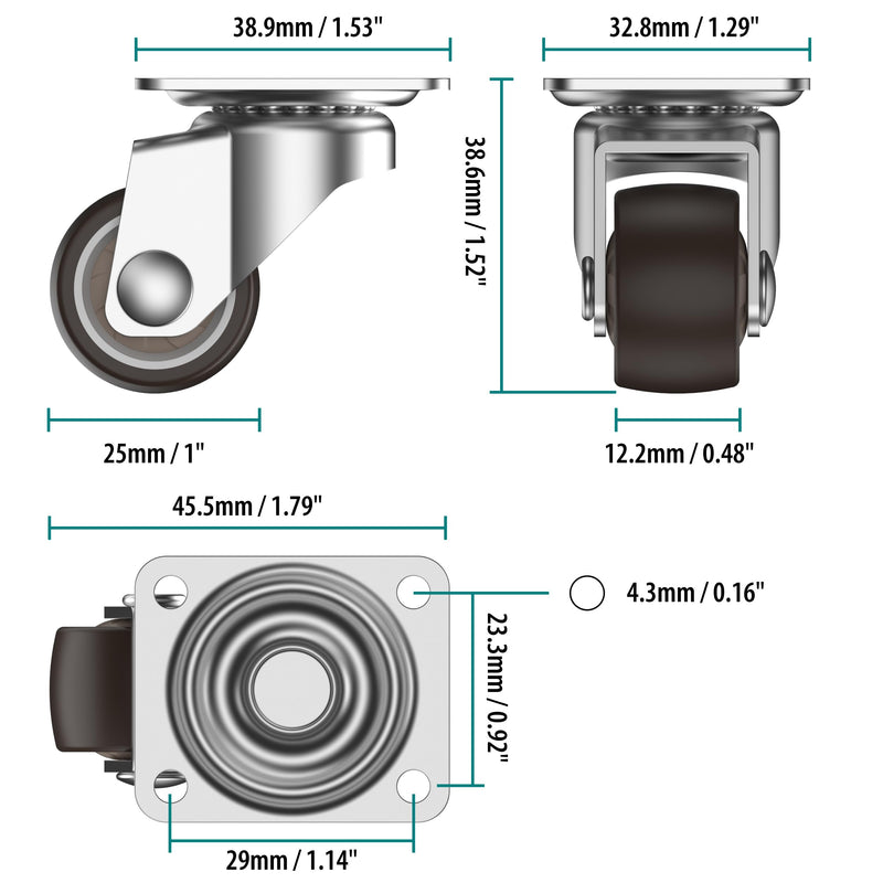 HOLKIE 1 inch Small Caster Wheels for Furniture Low Profile Casters Set of 4 Total Capacity 90 Lbs Perfect Wheels for Small Project、Nightstand、Side Table (No Brake)