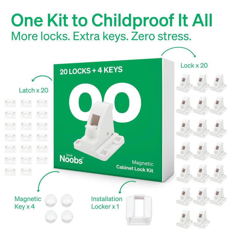 Easy Installation Magnetic Child Safety Cabinet Locks by LoveNoobs™, 20 Locks + 4 Keys, Keep Your Little Ones Safe with Easy-to-Install, Secure Baby Proofing for Cabinets and Drawers