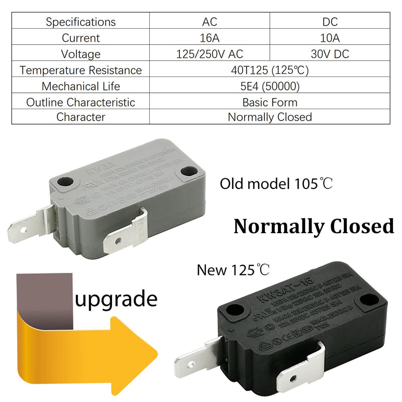Microwave Oven Door Switch Replacement Part, 16A 125VAC, KW3AT-16 (Downward Compatible with KW3A-16), 2X Normally Open + 1x Normally Closed