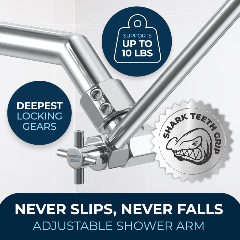 HammerHead Showers® ALL METAL 12 Inch Shower Head Extension Arm - Adjustable Shower Arm Extension Raises Showerhead Height - Shower Extender Arm Supports up to 10lbs — Chrome 12 Inches Polished Chrome