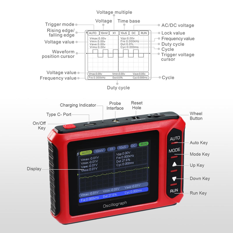 Handheld Digital Oscilloscope 2.8" Portable Automotive Oscilloscope Kit, 10MHz Bandwidth/48MS/s, Auto/Normal/Single Trigger, DDS Signal Generator (14 Waveforms) Mini Oscilloscope