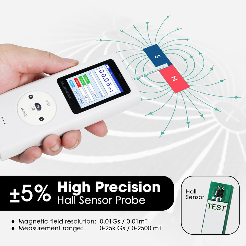Gauss Meter Rechargeable Tesla Meter 25000Gs/2500 mT Range N/S Pole Detection, Portable Magnetometer Magnetic Field Strength Tester with Data Logging & Alarm ±5% Accuracy for Factory QC and Workshops