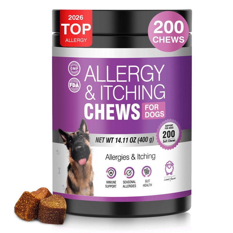 Dog Allergy Chews 200ct - Dog Allergy Itching Skin Relief & Immune Support Anti Itch Probiotics for Yeast, Itchy Skin and Itchy Ears, Vitamins for Seasonal Allergies Itchy Skin, Gut Health, Lamb