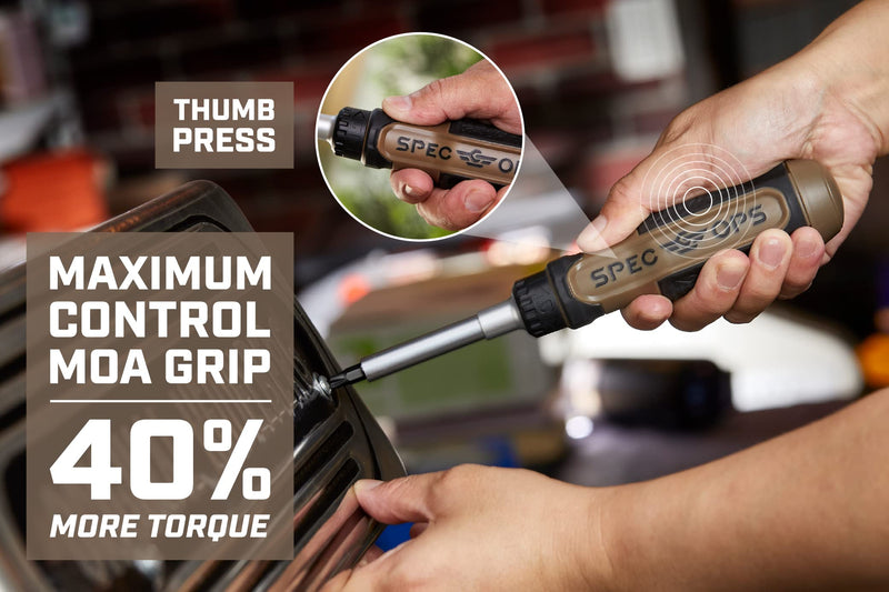 Spec Ops Tools Ratcheting Screwdriver, 12-in-1, Includes 6 Double-Sided S2 Steel Bits, Magnetic, Cr-Mo Steel Shaft, 3% Donated to Veterans Flat Dark Earth/Black Ratcheting, 12-in-1
