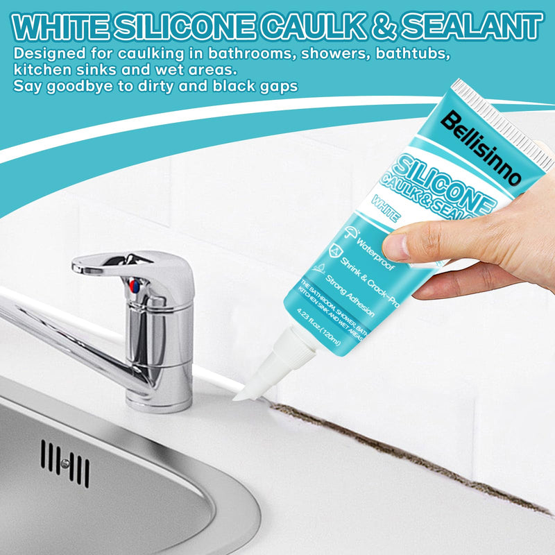 Silicone Caulk, White Caulking Waterproof, Shrink & Crack Proof, Suitable for Shower, Bathroom, Bathtub, Kitchen, Sink, 8.46 fl.oz. (120ml*2)