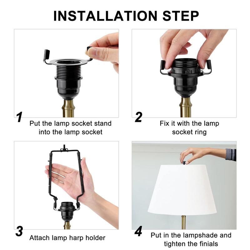 Mornajina 7 8 9 10 inch Lamp Shade Harp Holder, Adjustable Lamp Harps and Finals, Fit both Standard Lamp Rod and E26 E27 Light Base UNO Fitter Adapter Converter Finial Set (Black) Black