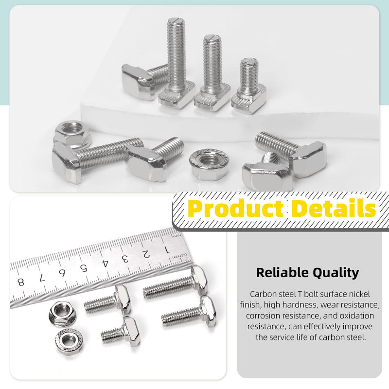 40 Sets M6 T Slot Drop-in Bolt, M6 x 12/16/ 20/ 25mm Hammer Head T-Slot Drop-in Stud Sliding Bolt Screw with Flange Nut for European Standard 30 Series Aluminum Profile