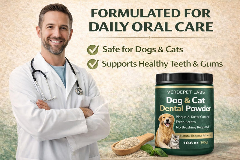 Large 10.6 oz Dog & Cat Dental Powder – Fresh Breath, Plaque & Tartar Support – Easy Sprinkle on Food- Oral Care Formula.