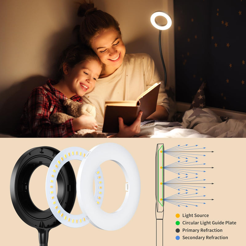 Wall Mounted Lamp, Reading Light for Book in Bed at Night, Shadowless LED Lamp for Workbench Bedroom Bedside Headboard, Eye Care 5 Color & Brightness Adjustable, 360 Flexible Gooseneck, Black 1Unit / Black