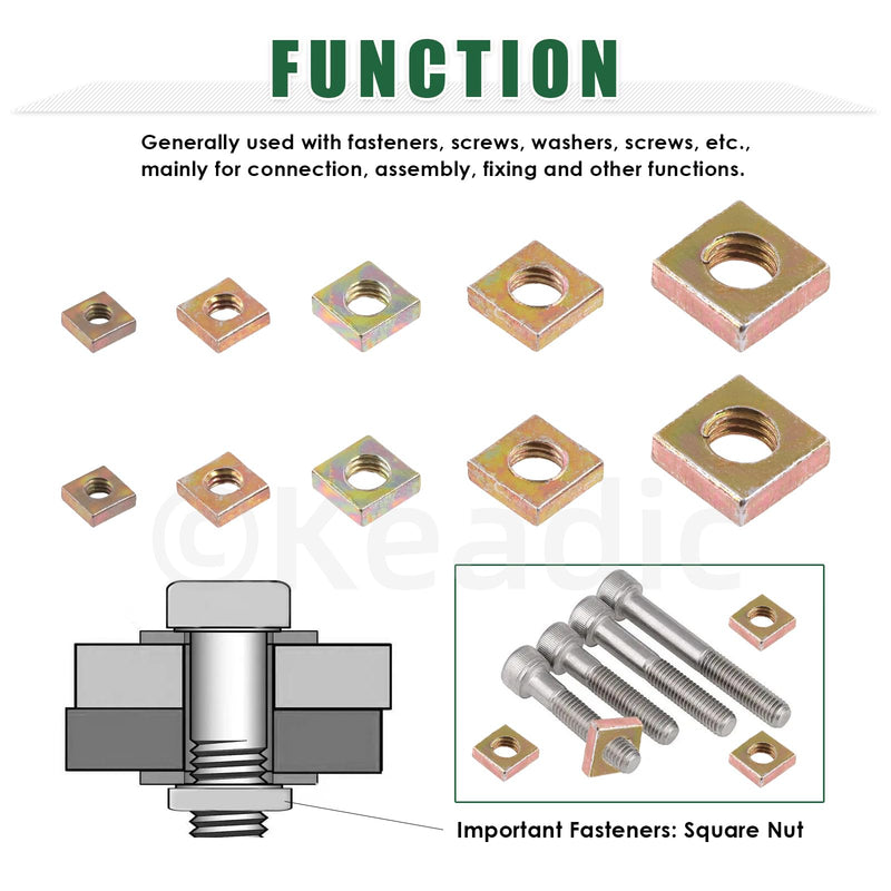 Keadic 90Pcs Yellow Zinc-Plated Square Nuts Assortment Kit, M3x5.5mmx2mm, M4x7mmx2mm, M5x8mmx3mm, M6x10mmx3mm, M8x13mmx4mm Coarse Thread Nut for Furniture, Electrical Appliances Zinc-Plated (Yellow)