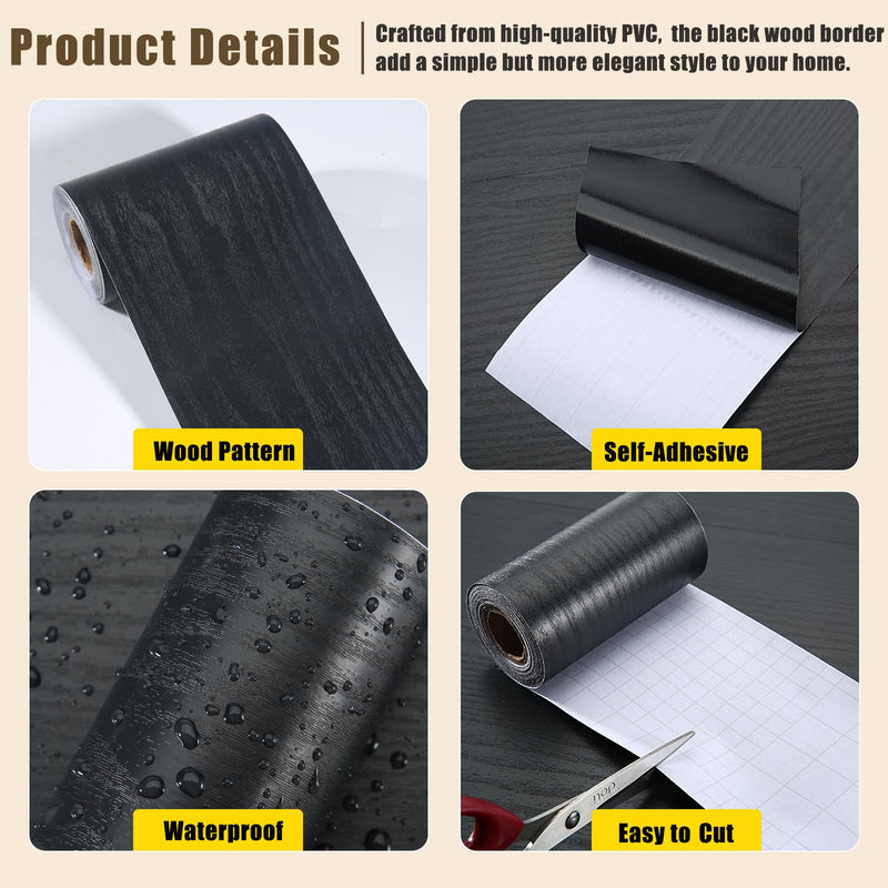 Black Wood Mirror Frame Border - 393.7"x3.9" Wallpaper Border Peel and Stick - Self-Adhesive and Removable Wood Grain Mirror Frame Wallpaper for Bathroom Waterproof Mirror Border Peel and Stick Tape