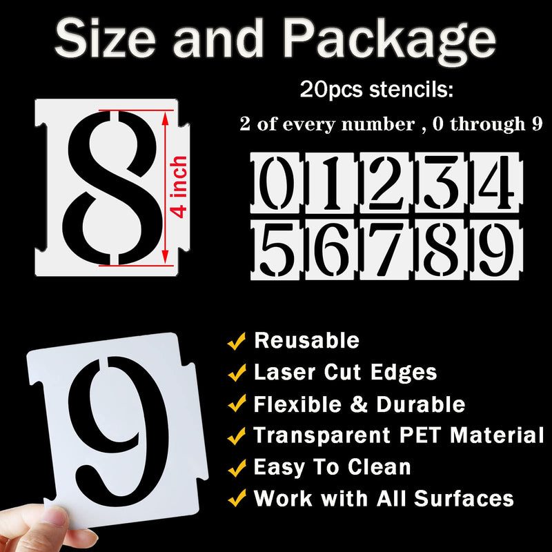 YEAJON 4 Inch Curb Stencil Kit 0-9 Address Number Stencil, 20Pcs Reusable 14 Mil Mylar Plastic Numbers Stencils for Painting on Road, Wall, Wood, Mailbox
