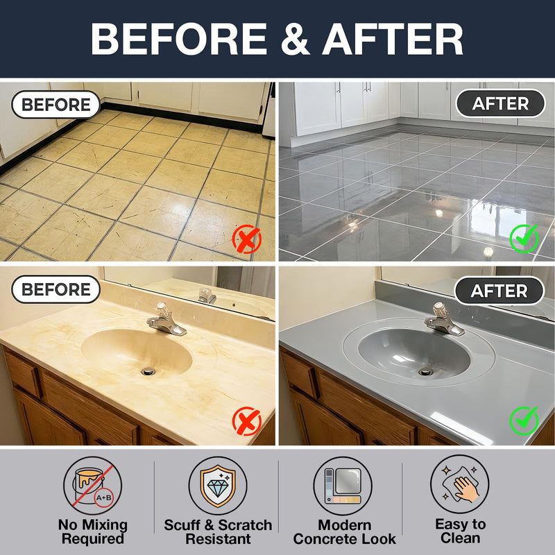 Tub and Tile Refinishing Kit - Light Gray Water-Based Polyurethane Paint - Odorless DIY Resurfacing for Floor Tiles, Countertops, Vanities & Shower Walls - No Mixing, Scuff-Resistant & Washable Semi-Gloss Finish (Modern Concrete Look) (16 oz)