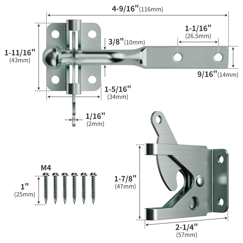 4 Pack Heavy-Duty Self-Locking Gate Latch for Wood Fence Gate - Automatic Gravity Lever, 4.6in, Durable Steel Sincere, in Sleek,Automatic Gate Latch in Galvanized Silver 4 Pack