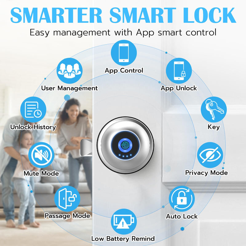 eLinkSmart Fingerprint Door Lock Smart Ball Door Knob with Key Keyless Entry Door Lock for Bedroom Apartment with Privacy Mode Bluetooth App iOS Watch Control Silver
