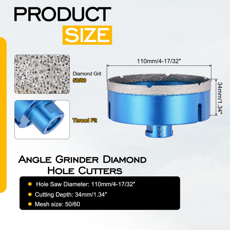 DTGN Diamond Hole Saw 4-17/32" /110mm - 1 PC - Good for Precise Working in Porcelain Tile, Marble, Ceramic - Angle Grinder Diamond Drill Bit - Blue 4-17/32" (110mm)