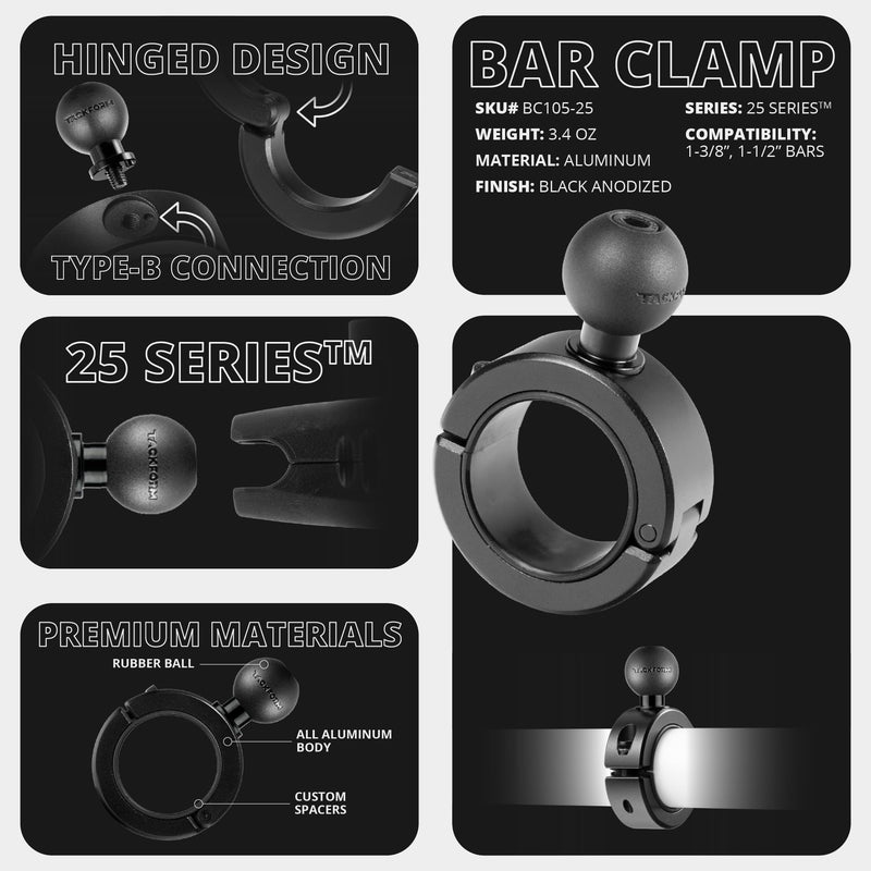 Tackform 25 Series BC1 Bar Clamp with 1" / B-Sized / 25.4mm Rubber Ball | Billet Aluminum With Rubber Insert For 1-3/8" and 1-1/2" Bars ONLY | Black | Compatible With RAM and ARKON 1-3/8" and 1-1/2"
