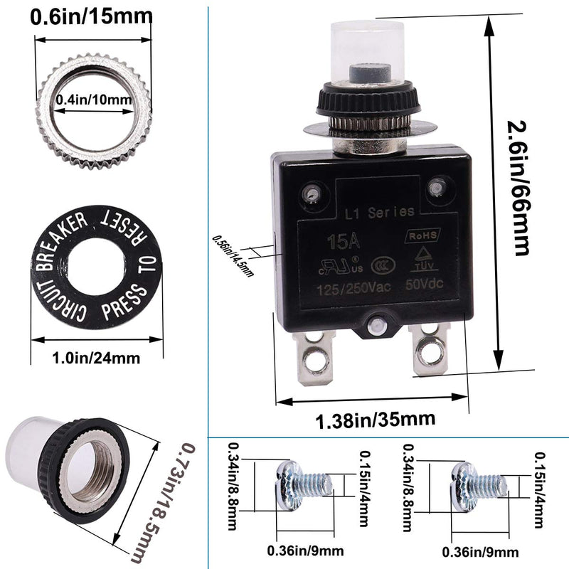 mxuteuk 2Pcs 20Amp Circuit Breakers Push Button Manual Reset 125/250V AC 50V DC, L1 Series Overload Protector Switch Thermal Circuit Breakers with Waterproof Button Caps L1-ls-20A 20A