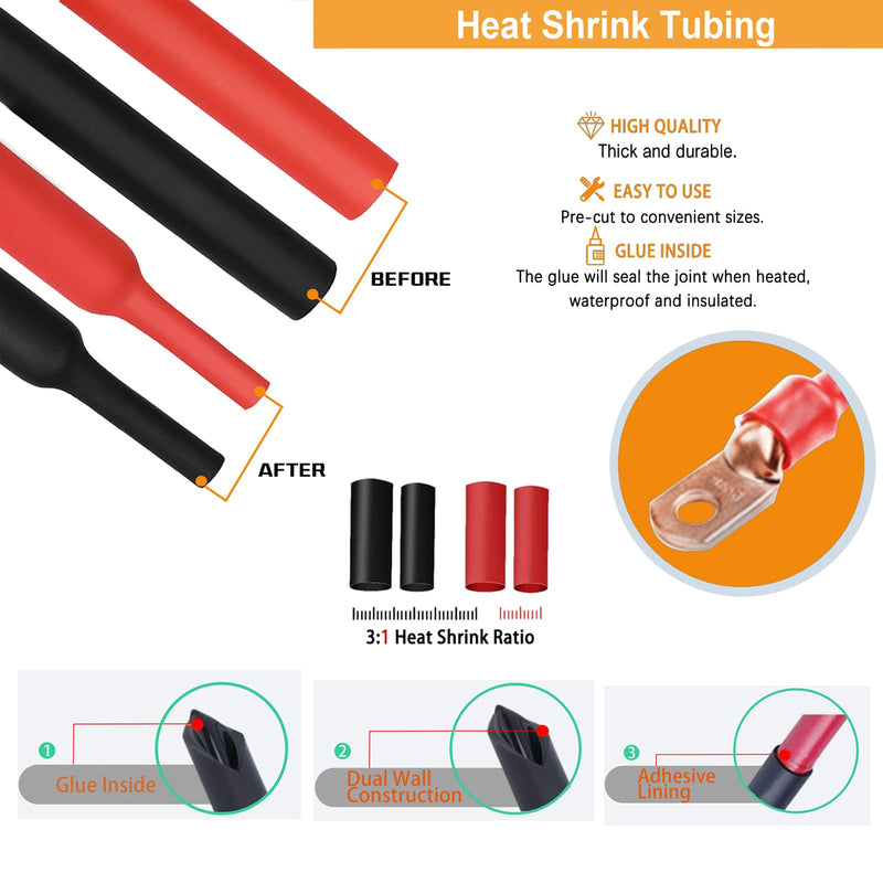 12Pcs 4/0 AWG 5/16"(M8) Stud Heavy Duty Copper Wire Lugs with 12Pcs Heat Shrink Tubing 4/0 Gauge Battery Cable Ends Ring Terminals Bare Copper Eyelets Tubular Ring Terminal for Car Boat Marine 4/0 AWG - 5/16"(M8) Ring
