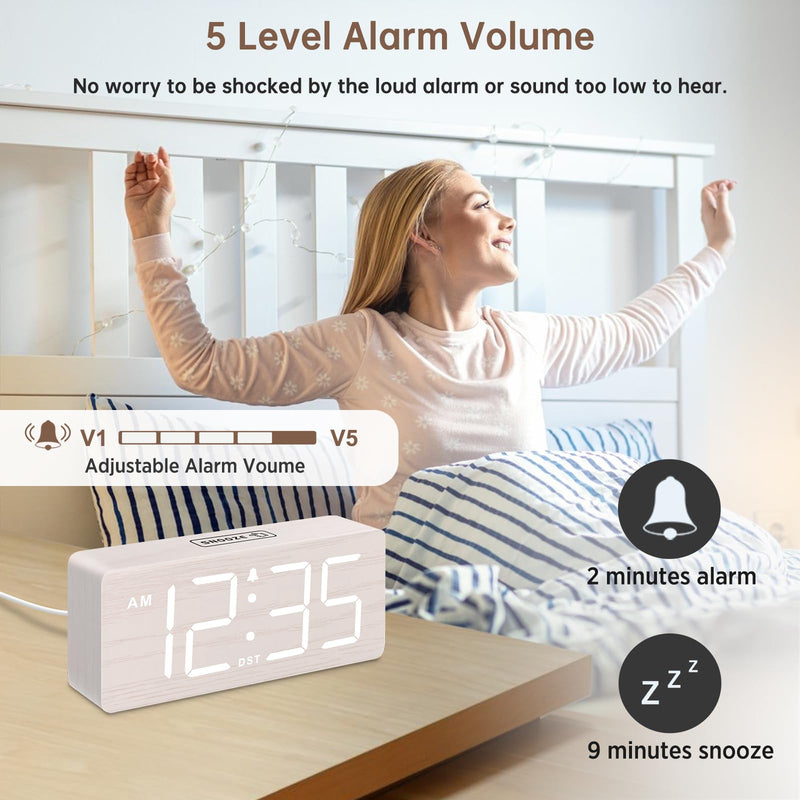 DreamSky Wooden Digital Alarm Clock for Bedroom - Desk Clock for Living Room with Large Numbers, Dimmer, Loud Alarm for Heavy Sleepers with Volume Control, DST, Office Wood Decor (Plug in Clock) White (Plug-in)