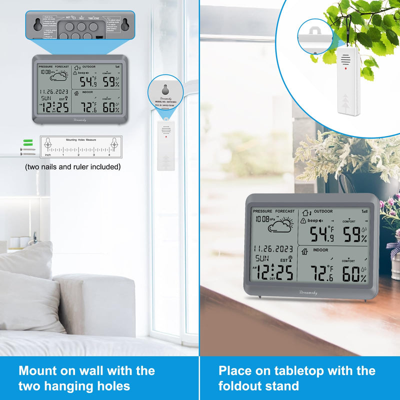 DreamSky Weather Station Indoor Outdoor Thermometer Wireless - Atomic Clock with Indoor/Outdoor Temp, Date & Day, Battery Powered, Home Weather Forecast Clock with Inside Outside Temperature Humidity Grey