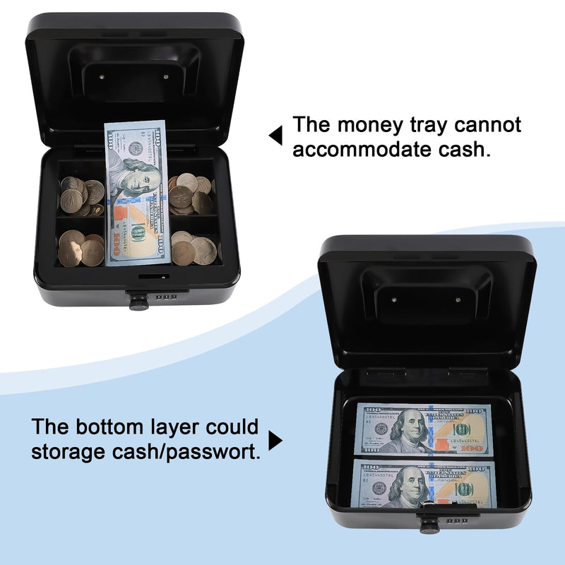 KYODOLED Cash Box with Combination Lock Safe Metal Money Box with Money Tray for Security Lock Box 7.87"x 6.30"x 3.35" Black Medium