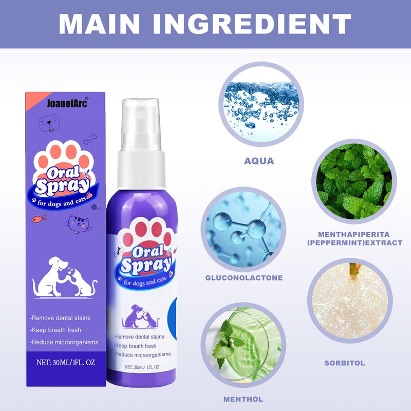 JoanofArc Pet Oral Spray, Teeth Cleaning Spray for Dogs and Cats, Pet Breath Freshener, Reduces Plaque Tartar Buildup, No Brushing, 30ml Each (2pcs)