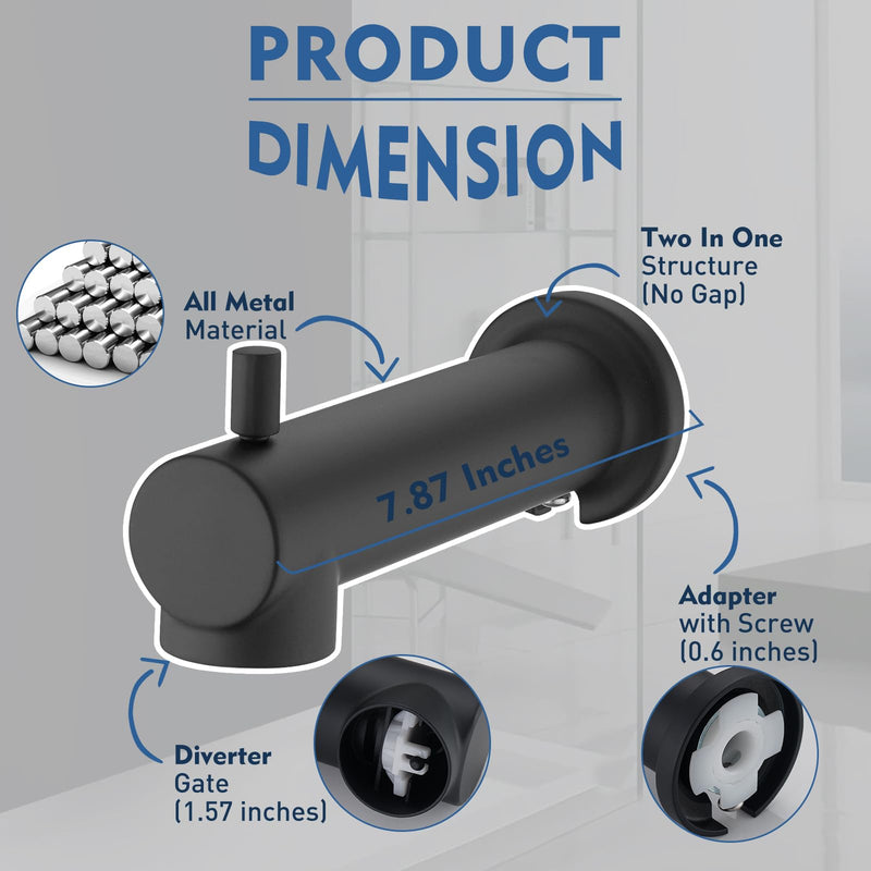 Slip on Extra Long Tub Spout with Diverter Universal Tub Diverter Spout for 1/2" Copper Water Pipe, Matte Black