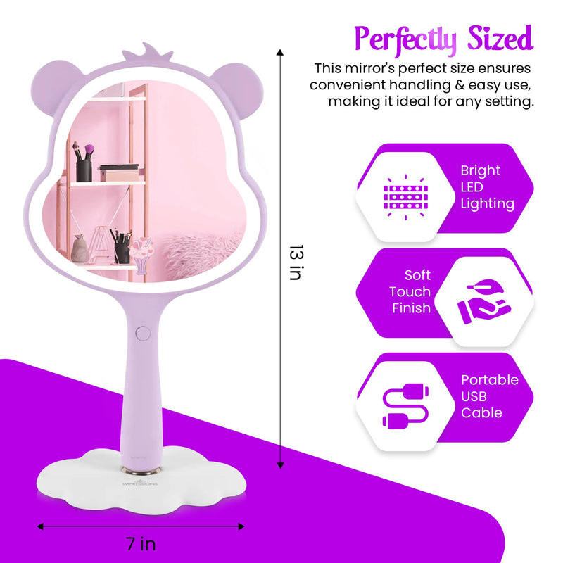 Impressions Vanity Care Bears Share Bear LED Handheld Makeup Mirror for Desk, Lighted Travel Makeup Mirror with Detachable Standing Base, Ultra Bright Adjustable Lighting and Figural Shaped (Purple) Purple