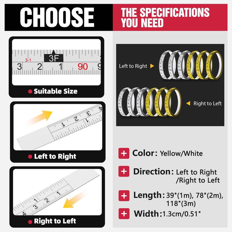 Adhesive Tape Measure Metal,Stick On Tape Measure,Self Stick Measuring Tape with Strong Adhesive Back,Peel and Stick Ruler for Table Saw,Sewing and Workbench(118" Left to Right,2 Pack) 118"L to R Yellow 2