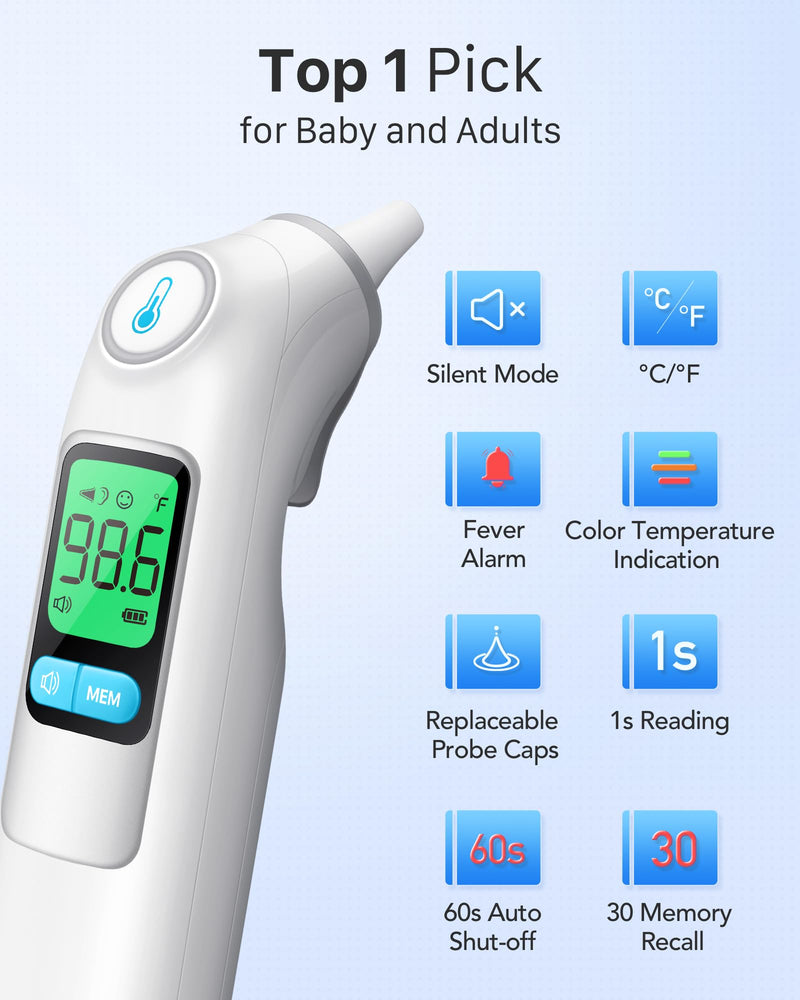 Ear Thermometer, Highly Accurate Ear Thermometer for Kids, Adults and Babies, 30 Memory Recall, 1s Result and 3-Color Fever Alert, with 24 Disposable Probe Covers, White LCD-White