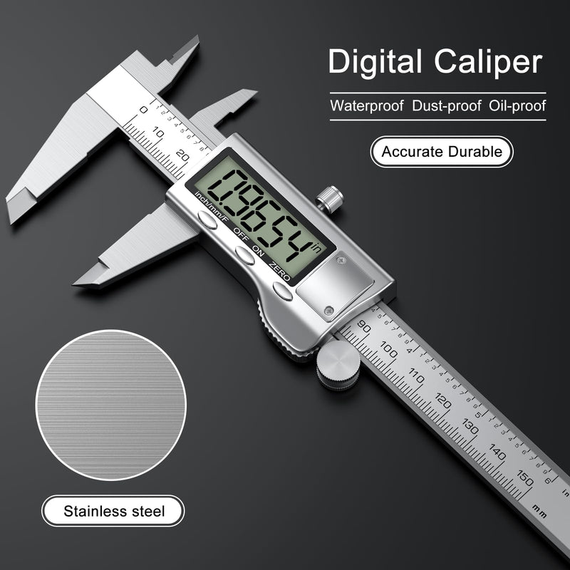 Digital Calipers, Caliper Measuring Tool with Large LCD Screen, Stainless Steel Micrometer Caliper Digital, Auto-Off Feature, Screen Splash Proof, Switch from Inch Metric Fraction (6Inch/150mm) Silver