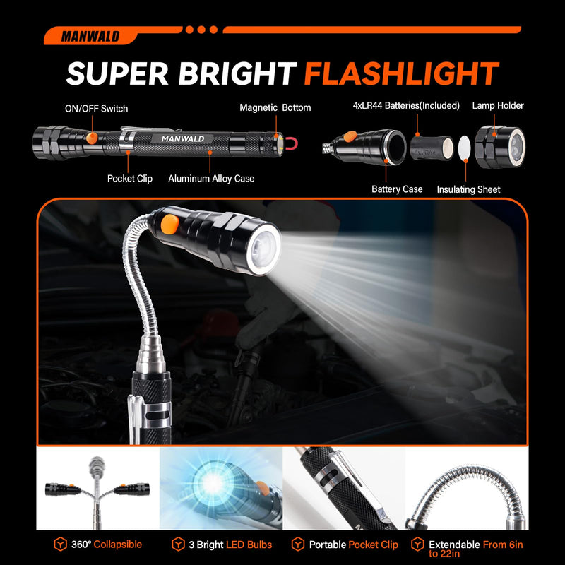 Telescoping Magnetic Pickup Tool Set with Portable Bag, Extendable Flashlight with 360° Inspection Mirror, Christmas Gifts Stocking Stuffers for Men, Mechanics, and Handymen, Grey