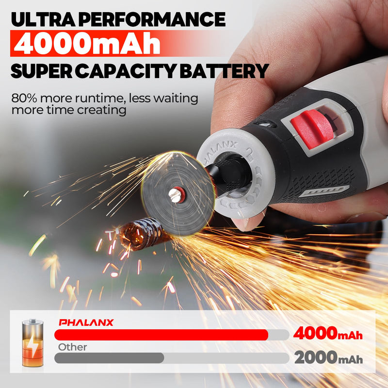 Rotary Tool - 4V Rotary Tool Cordless, PHALANX Rotary Tool Accessories 80 PCS 4000mAh Li-Ion Battery, Preset 9 Speed Adjustment Grinder Tool for Cutting Sanding Carving Polishing Engraver DIY Crafts Grey-4v