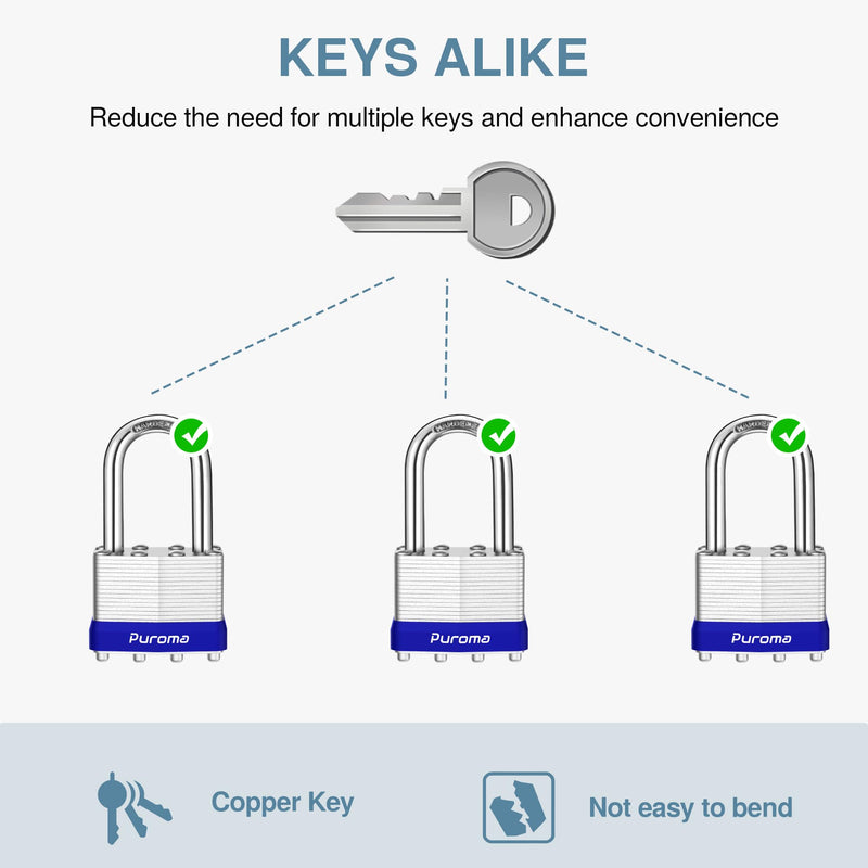 Puroma Lock 3 Pack Padlocks, 1-1/2” Long Shackle Heavy-Duty Locks with 6 Keys, 40mm Hardened Steel Keyed Alike Padlocks for Sheds, Gates, Fences, Toolbox, Outdoor and Indoor Use（Silver）