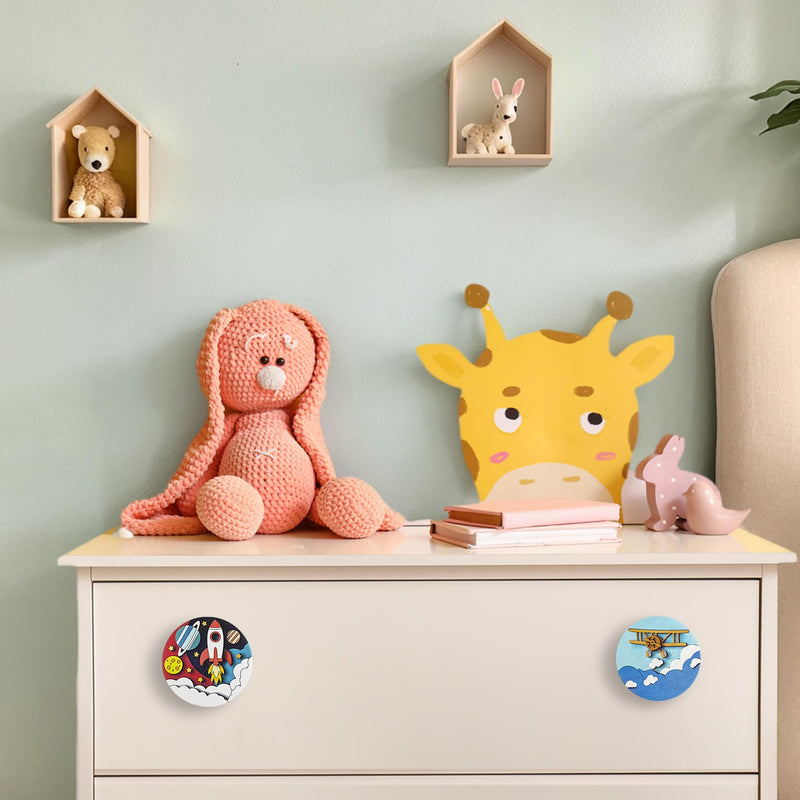 JamJam Set of 8 1.8" Wooden Cabinet Knobs Space Rocket Astronaut Moon Theme Nursery Kids Room Furniture Dresser Drawer Knobs and Pulls
