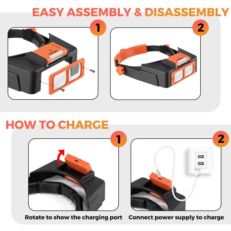 Headband Magnifier with Light, Rechargeable Magnifying Glasses for Close Work, 1.5X - 3.5X Magnify Headset with 4 Lenses, Jewelers Magnifying Glass Loupe Visor for Repair,Crafts, Hobby Orange
