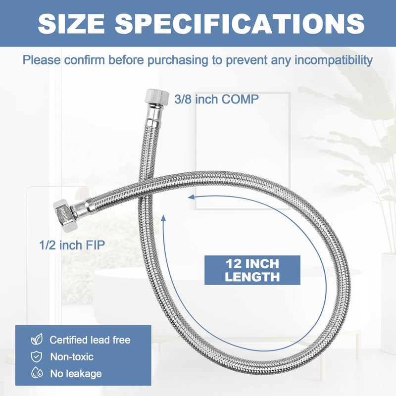 [4-Pack 12 Inch] 1/2" FIP x 3/8" COMP Faucet Supply Lines, Bathroom Faucet Hose Connector, 304 Stainless Steel Braided Water Supply Line 4