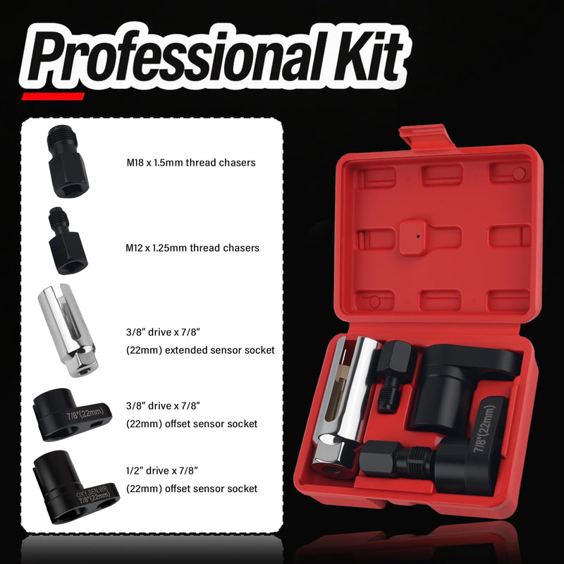 5PCS Sensor Socket Set,M12 x 1.25mm & M18 x 1.5mm Thread Chaser Set with Side-Cut Access,Heavy Duty Automotive Tools for Sensor Removal and Installation