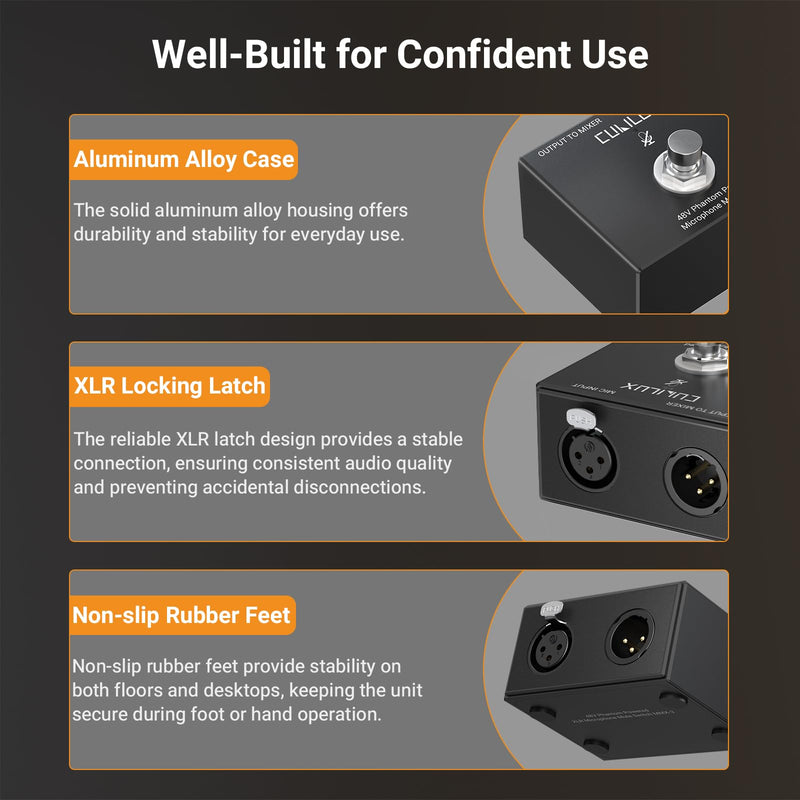 Cubilux MMX-3 XLR Footswitch Mute Switch for 48V Condenser Microphone, Hand/Foot Control, Aluminum Alloy Case Mic On/Off Switcher for Studio, Broadcast and Stage