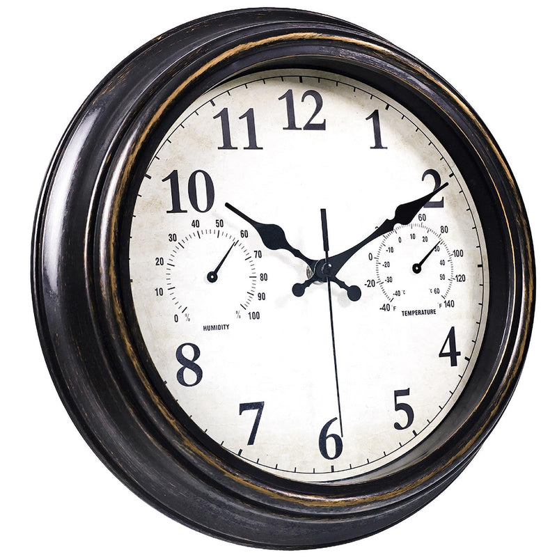 JoFomp Outdoor Clocks for Patio, Large 16 inch Outside Wall Clock Waterproof with Thermometer and Hygrometer Combo, Round Silent Battery Operated Wall Clock for Home, Pool, Garden Bronze