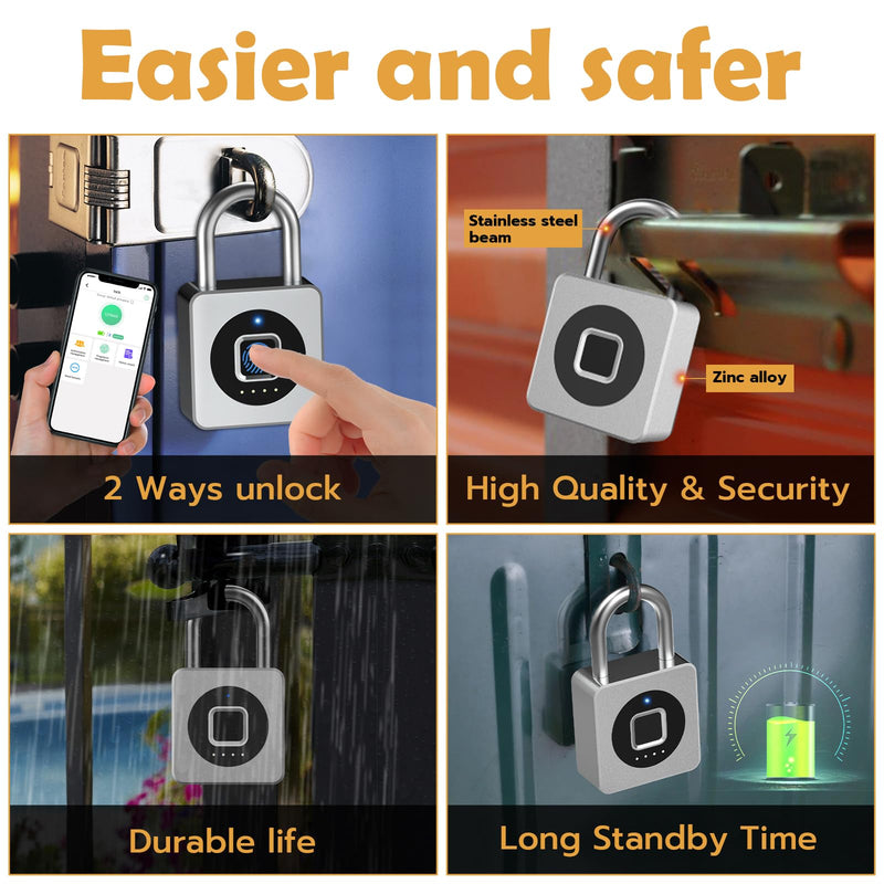 Pothunder Fingerprint Padlock, Fingerprint Lock with APP, Padlock with Keyless Biometric, Smart Padlock Waterproof Suitable for Gym, Locker, Gates, Fence and Storage Silver