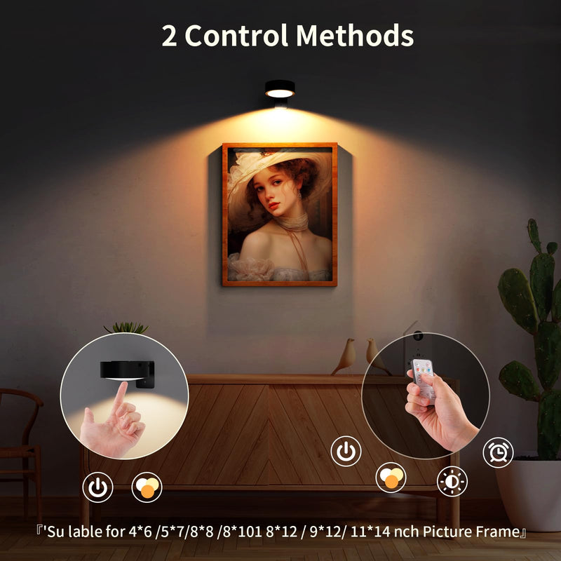 3 Pack Picture Lights for Wall, Rechargeable Battery Operated wall lights, Picture Frame lights with 3 Lighting Modes, Wireless Magnetic Painting Light with Remote Control Timer (Black, 3 Pack) Black