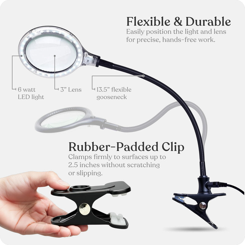 Brightech LightView Flex Magnifying Desk Lamp, 1.75X Light Magnifier, Adjustable Magnifying Glass with Light for Crafts, Reading, Close Work Black