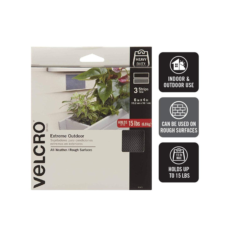 VELCRO Brand Outdoor Wide Heavy Duty Strips | 6" x 4" Pk of 3 | Holds 15 lbs | Titanium Extreme Industrial Strength Adhesive Fasteners | Strong Weather Resistance for Rough Surfaces (91471)