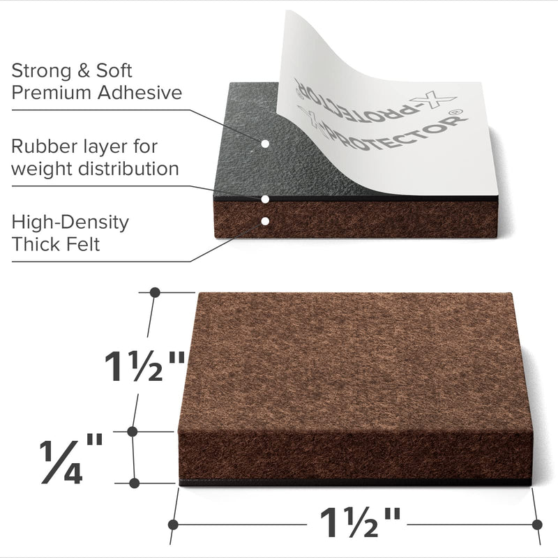 24 Heavy-Duty Felt Furniture Pads 1.5” 1/4” Thick X-Protector! Square Felt Pads for Furniture Feet - The Best Felt Floor Protectors for Furniture to Prevent Scratches. Protect Your Hard Floor! (Brown) 1.5 inch 24 PCS Square
