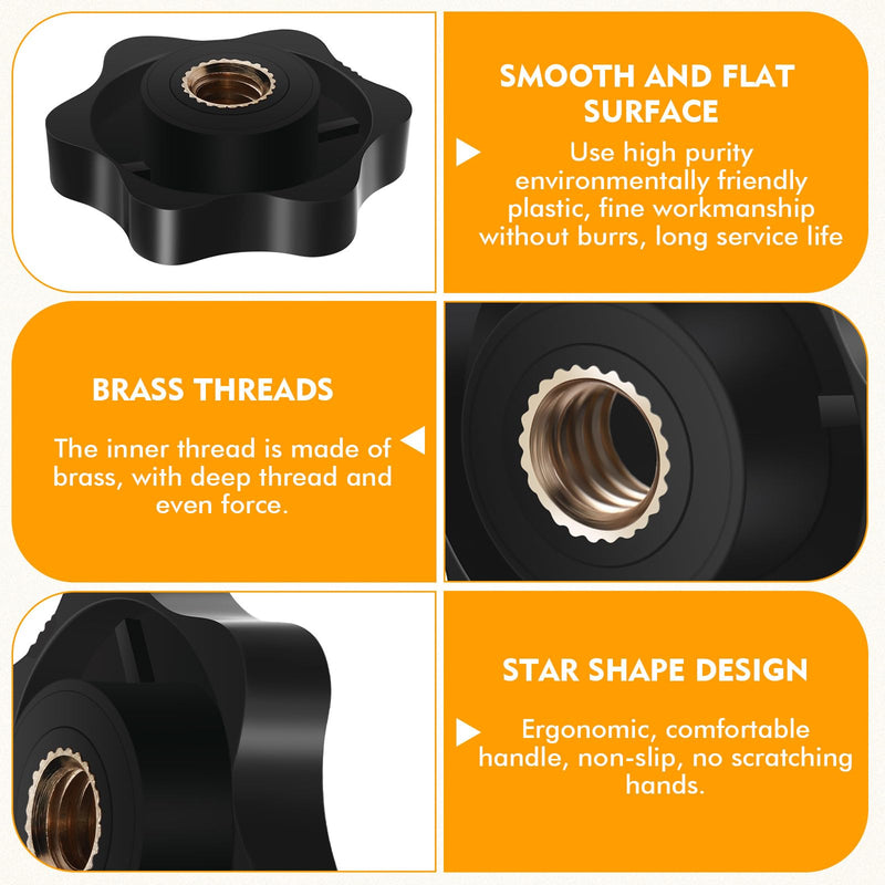 Zhengmy 30 Pcs 1/4-20 Knob 1/4 Inch 20 Female Threaded Knob Black Plastic Hexagon Head Thru Knobs 6 Star Knobs Nuts Clamping Knobs Jig Knobs