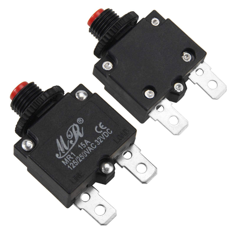 15 Amps Thermal Circuit Breakers 125/250V AC 32V DC Push Button Manual Reset Overload Protector Switch 15A 2 Pack